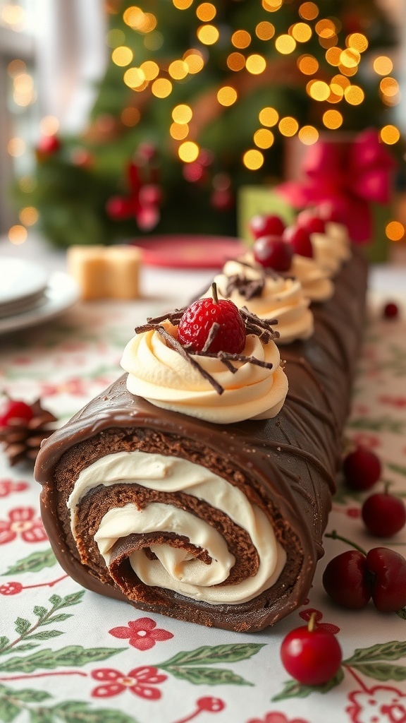 A rolled chocolate dessert filled with whipped cream, garnished with chocolate shavings and fruits, on a holiday table.